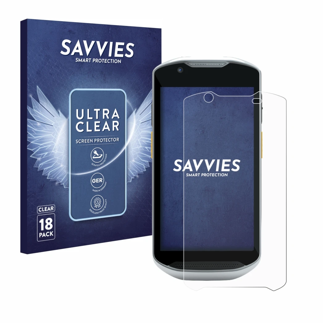 Front side of a product packaging with the brand logo Savvies. Next to it is the device Zebra TC57x shown with the correspondi