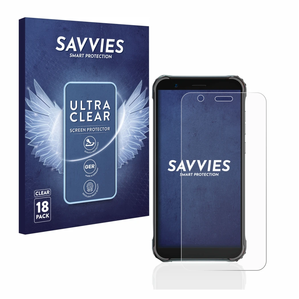 Front side of a product packaging with the brand logo Savvies. Next to it is the device Blackview BV4900 Pro shown with the co