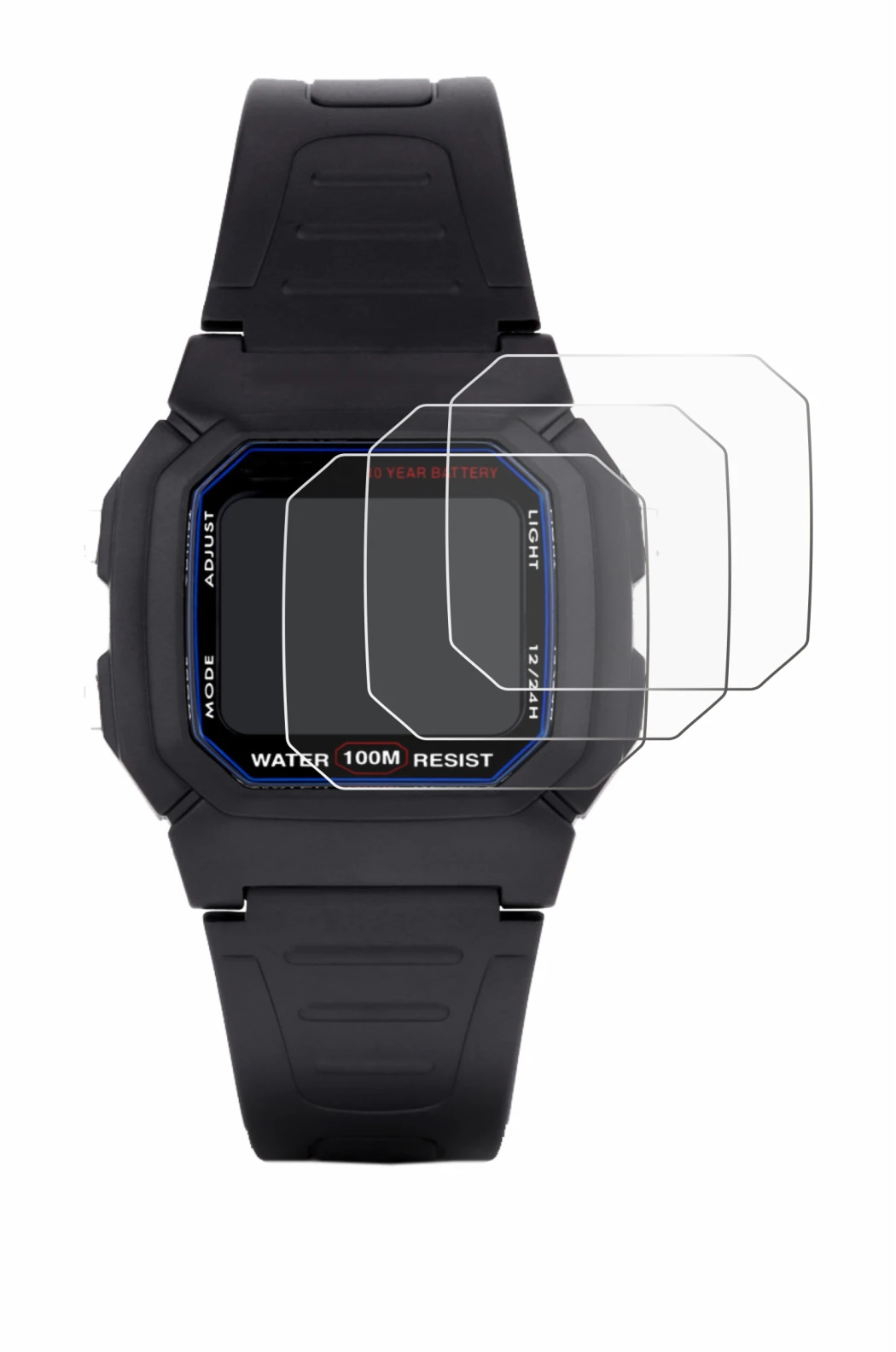 Image of the device Casio W-800H-1AVES with a wide variety of screen protectors.