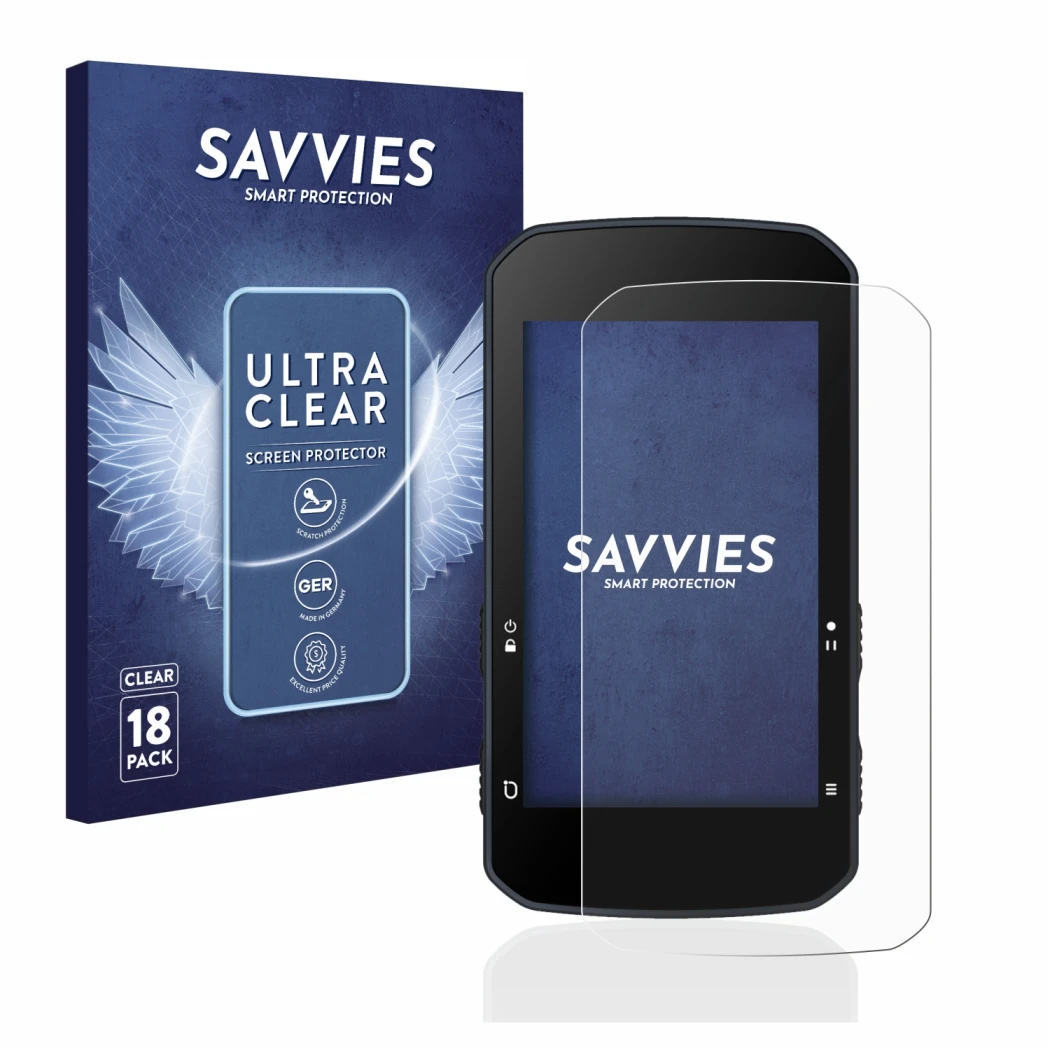 Front side of a product packaging with the brand logo Savvies. Next to it is the device Bryton Rider 750 shown with the corres