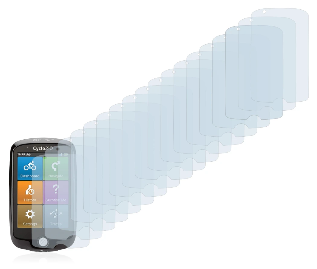 Image of the device Mio Cyclo 210 with a wide variety of screen protectors.