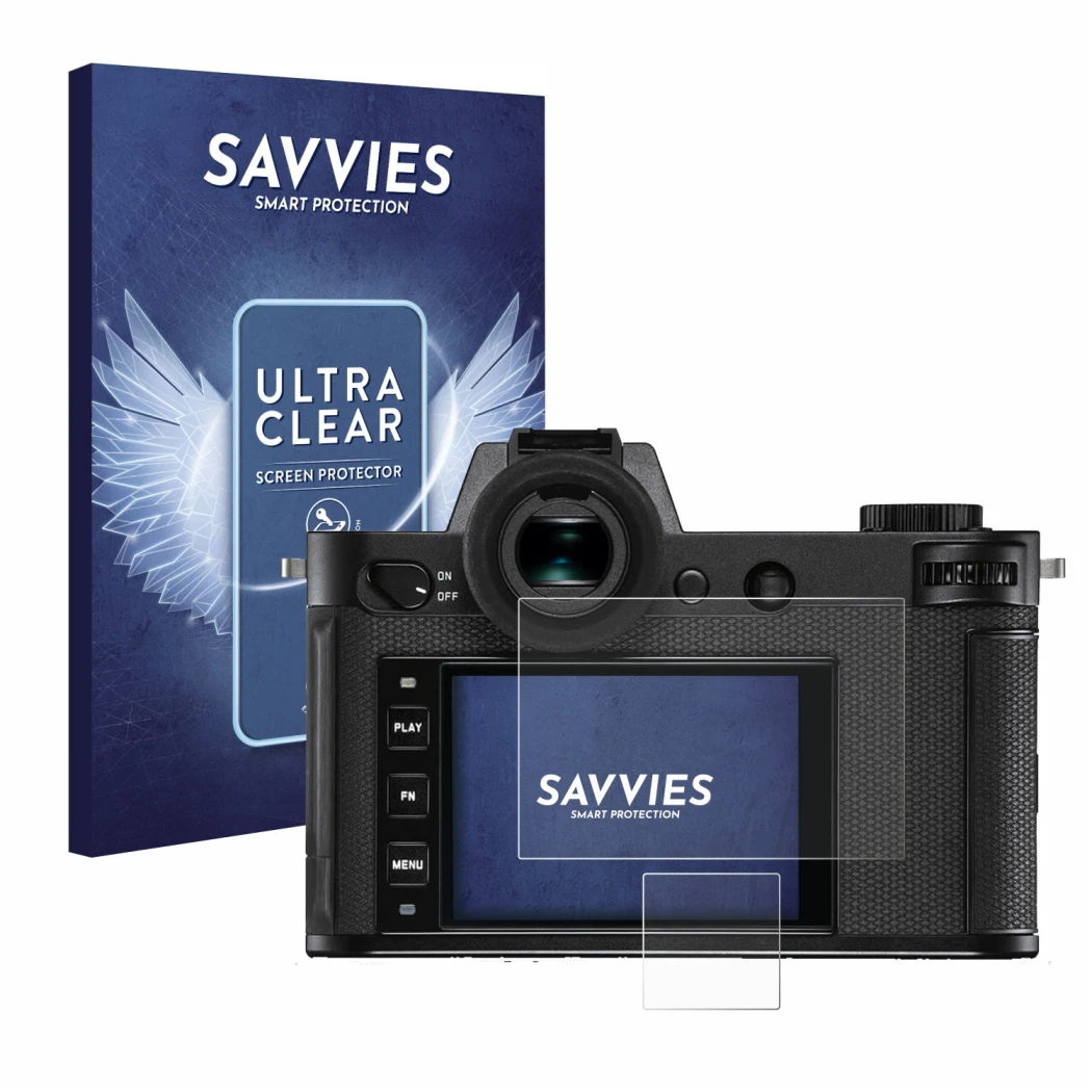 Front side of a product packaging with the brand logo Savvies. Next to it is the device Leica SL2-S shown with the correspondi