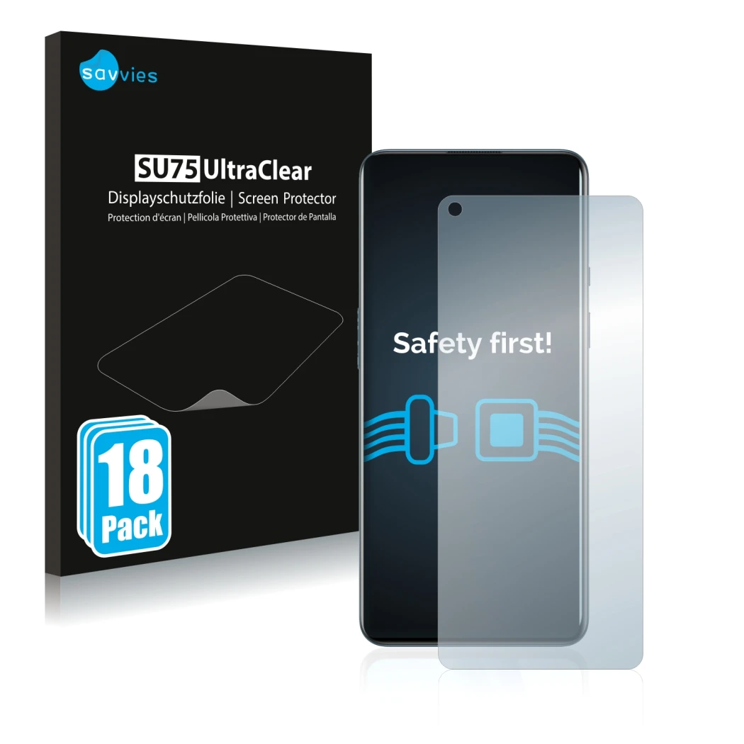 Front side of a product packaging with the brand logo Savvies. Next to it is the device OnePlus 9 shown with the corresponding