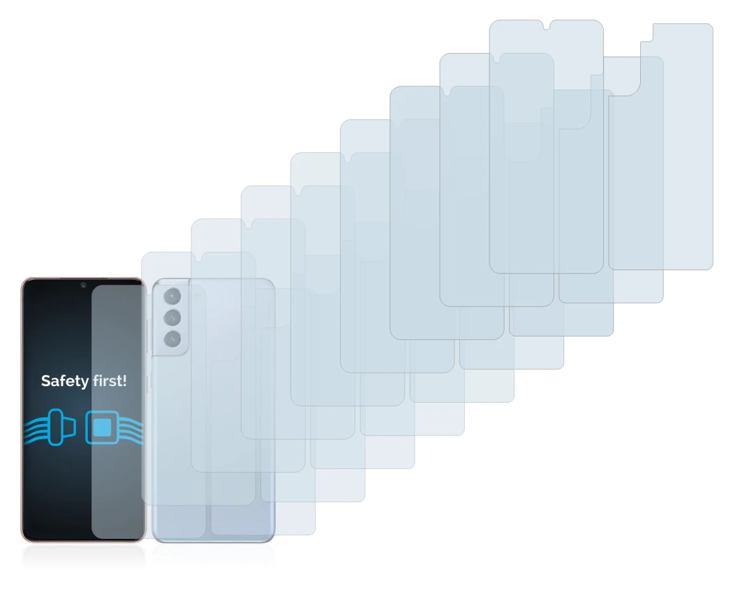 Image of the device Samsung Galaxy S21 5G (Front+Back) with a wide variety of screen protectors.