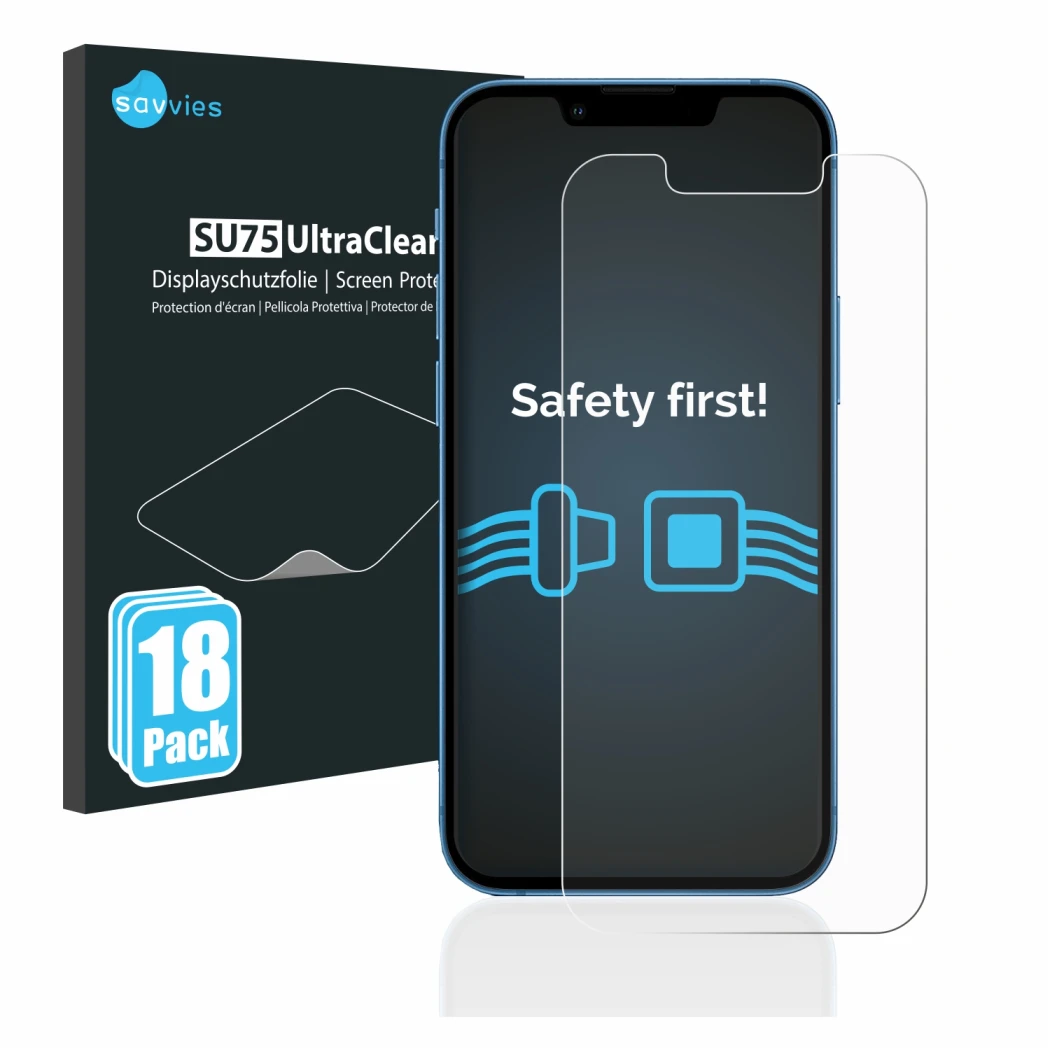 Front side of a product packaging with the brand logo Savvies. Next to it is the device Apple iPhone 13 mini shown with the co