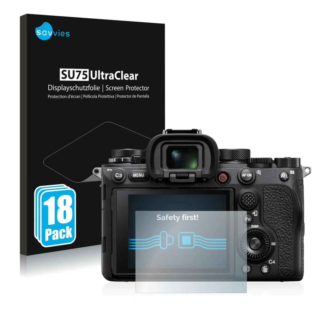 Front side of a product packaging with the brand logo Savvies. Next to it is the device Sony Alpha 1 shown with the correspond