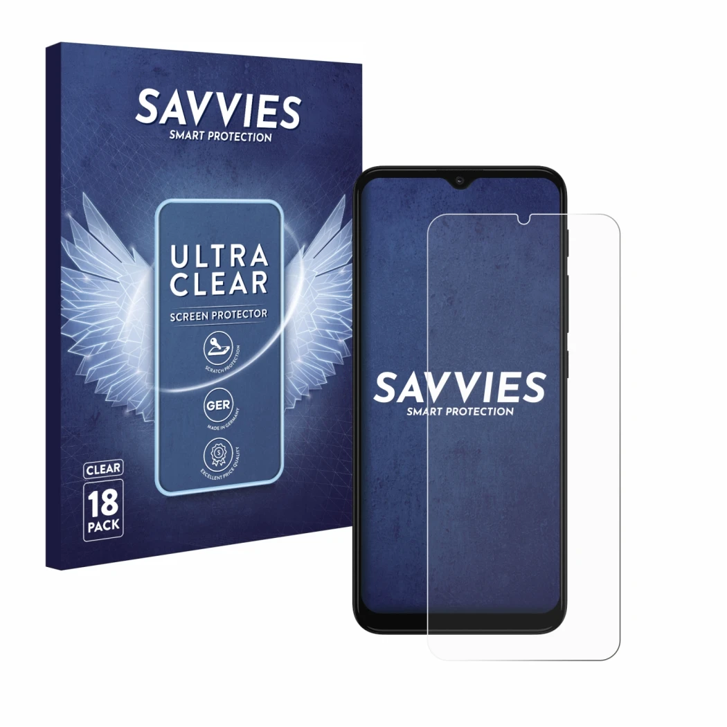 Front side of a product packaging with the brand logo Savvies. Next to it is the device Motorola Moto G30 shown with the corre