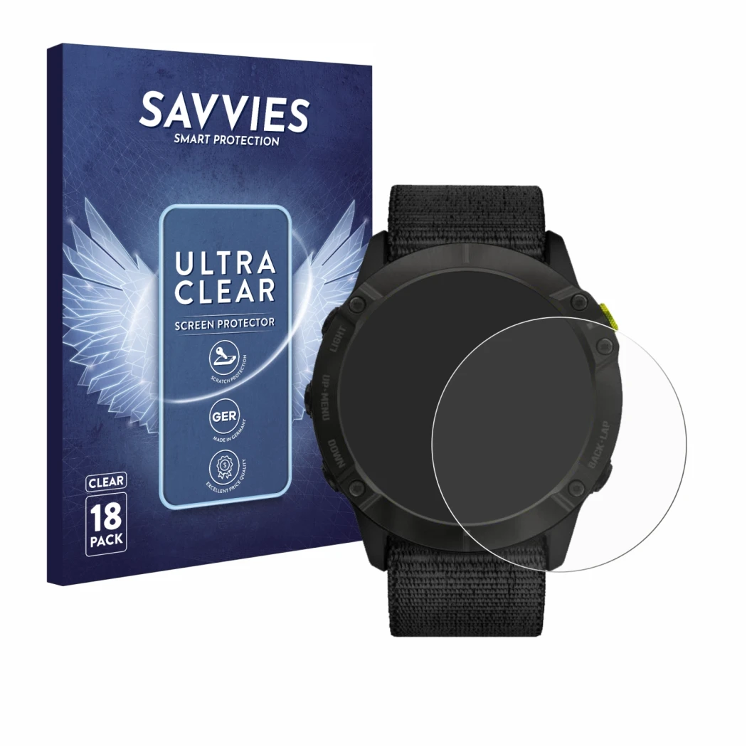Front side of a product packaging with the brand logo Savvies. Next to it is the device Garmin Enduro shown with the correspon