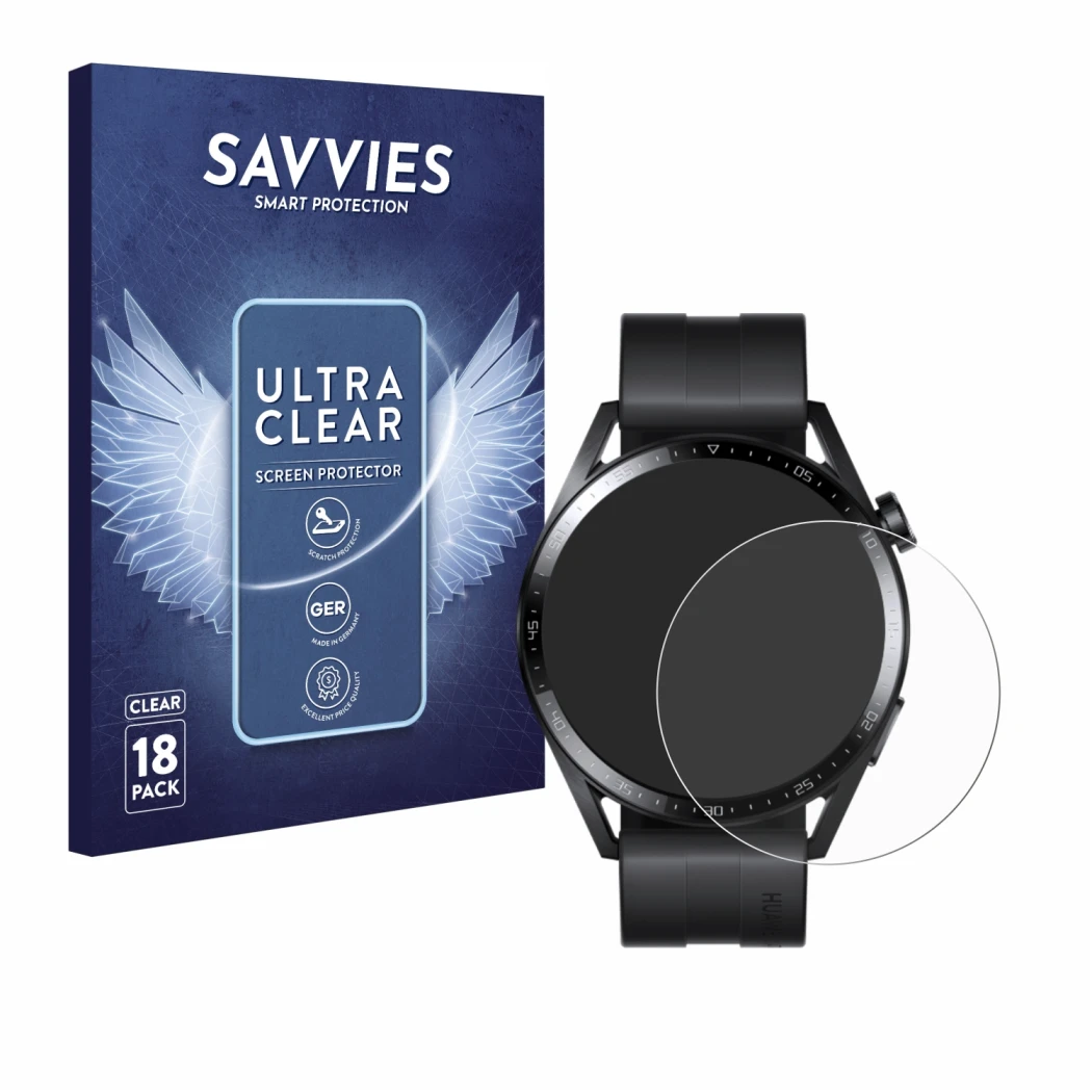 Front side of a product packaging with the brand logo Savvies. Next to it is the device Huawei Watch GT 3 (46 mm) shown with t