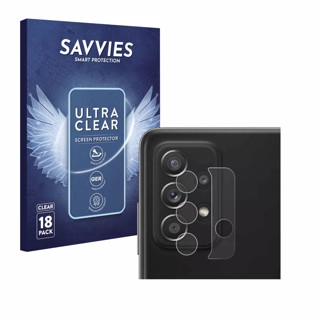 Front side of a product packaging with the brand logo Savvies. Next to it is the device Samsung Galaxy A52 5G (ONLY Camera Len