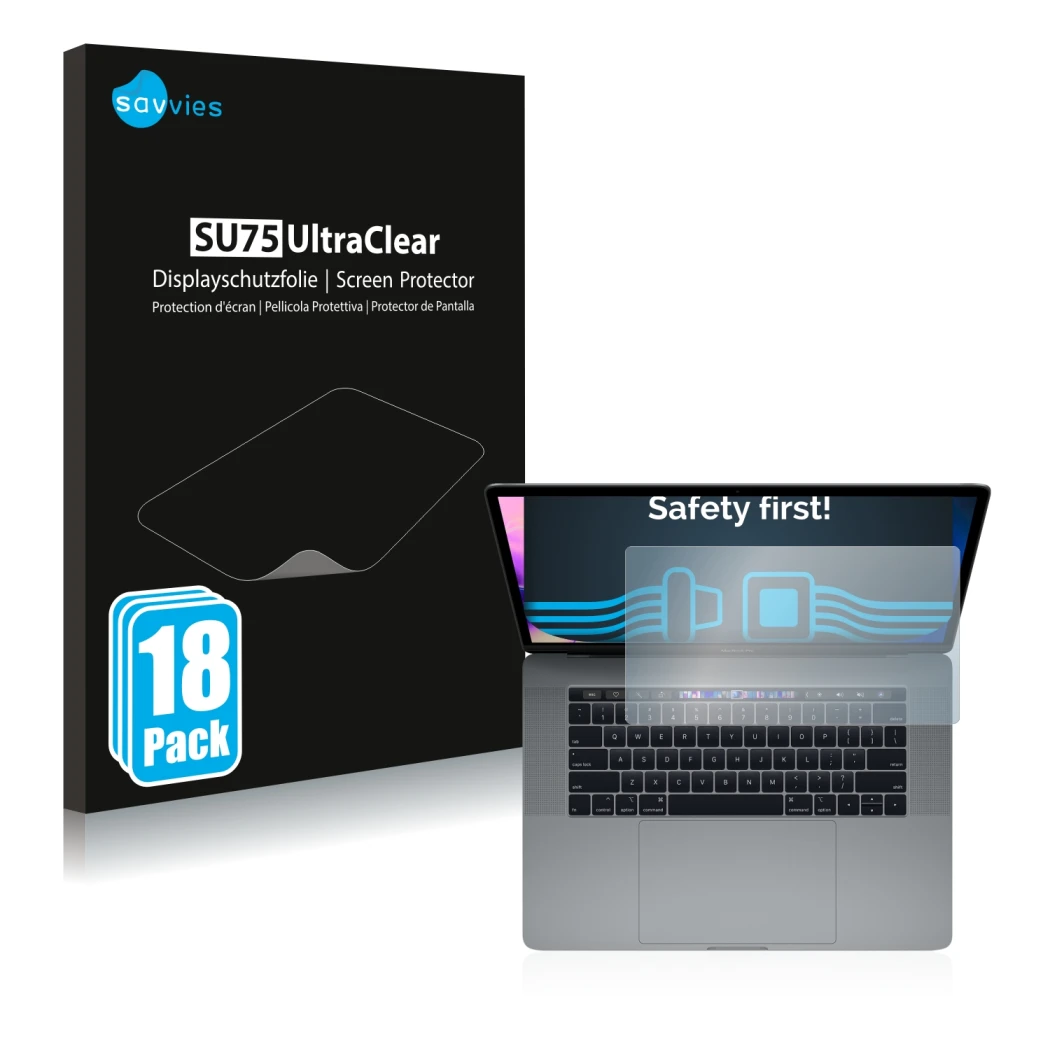 Front side of a product packaging with the brand logo Savvies. Next to it is the device Apple MacBook Pro 15