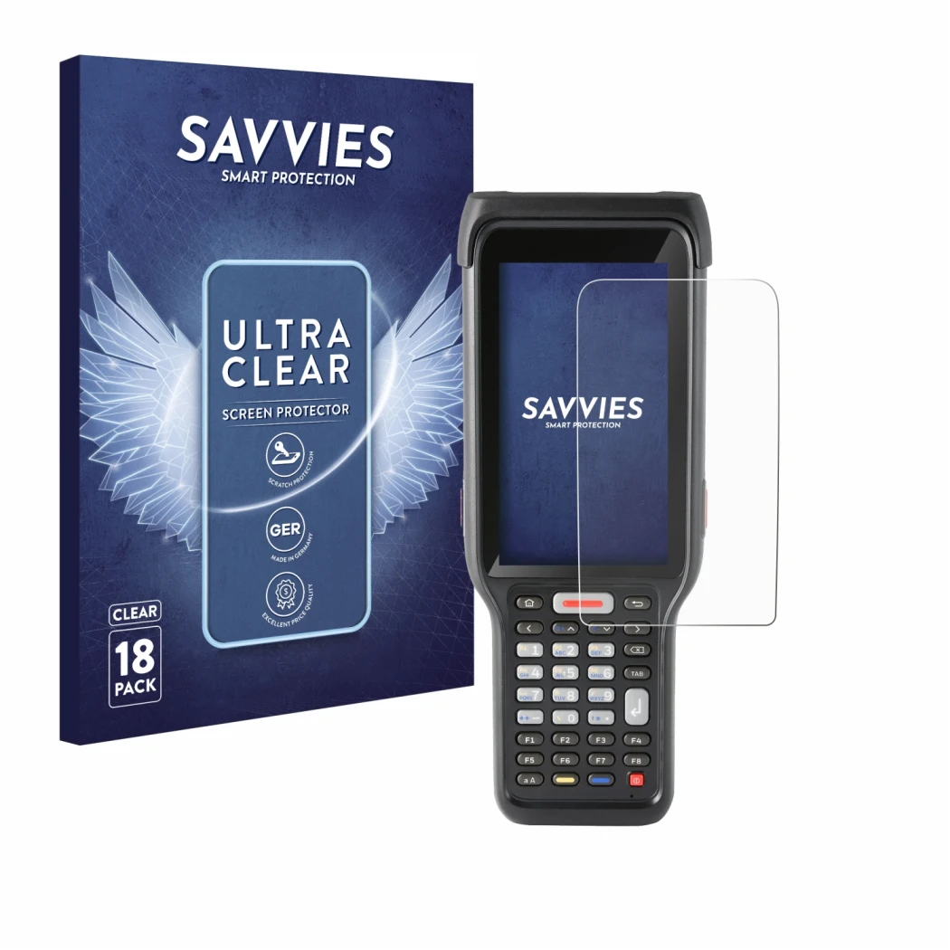Front side of a product packaging with the brand logo Savvies. Next to it is the device Honeywell ScanPal EDA61K shown with th