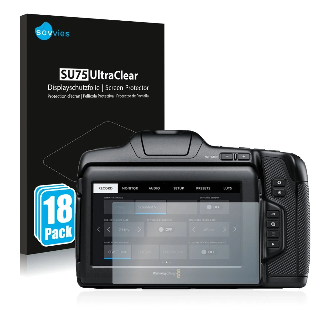 Front side of a product packaging with the brand logo Savvies. Next to it is the device Blackmagic Pocket Cinema Camera 6K Pro