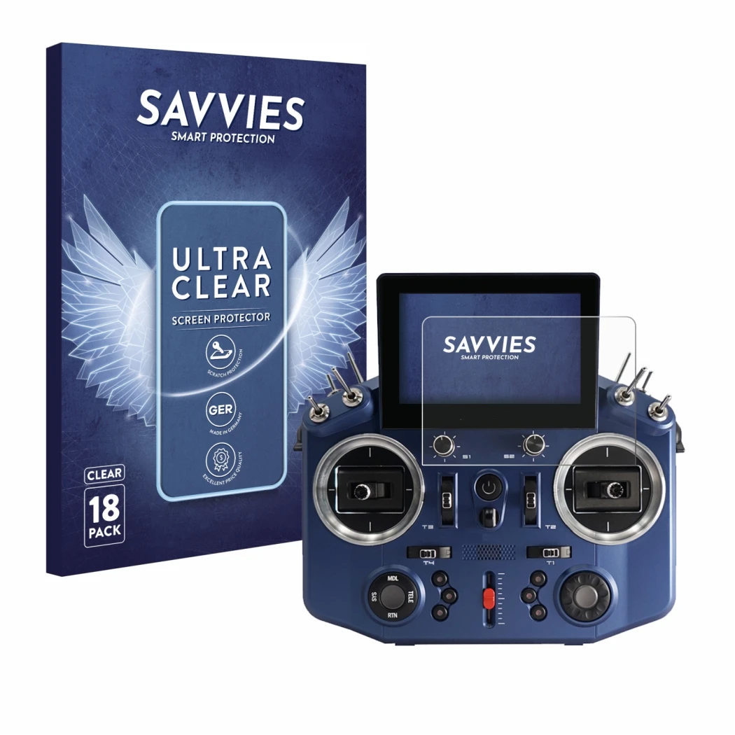 Front side of a product packaging with the brand logo Savvies. Next to it is the device FrSky Horus X20 shown with the corresp