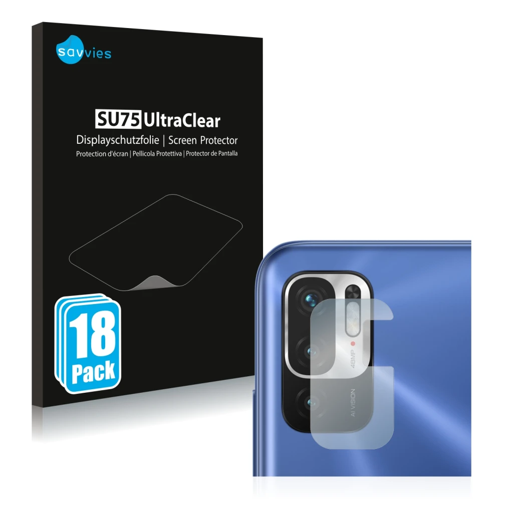 Front side of a product packaging with the brand logo Savvies. Next to it is the device Xiaomi Redmi Note 10 5G (ONLY Camera L