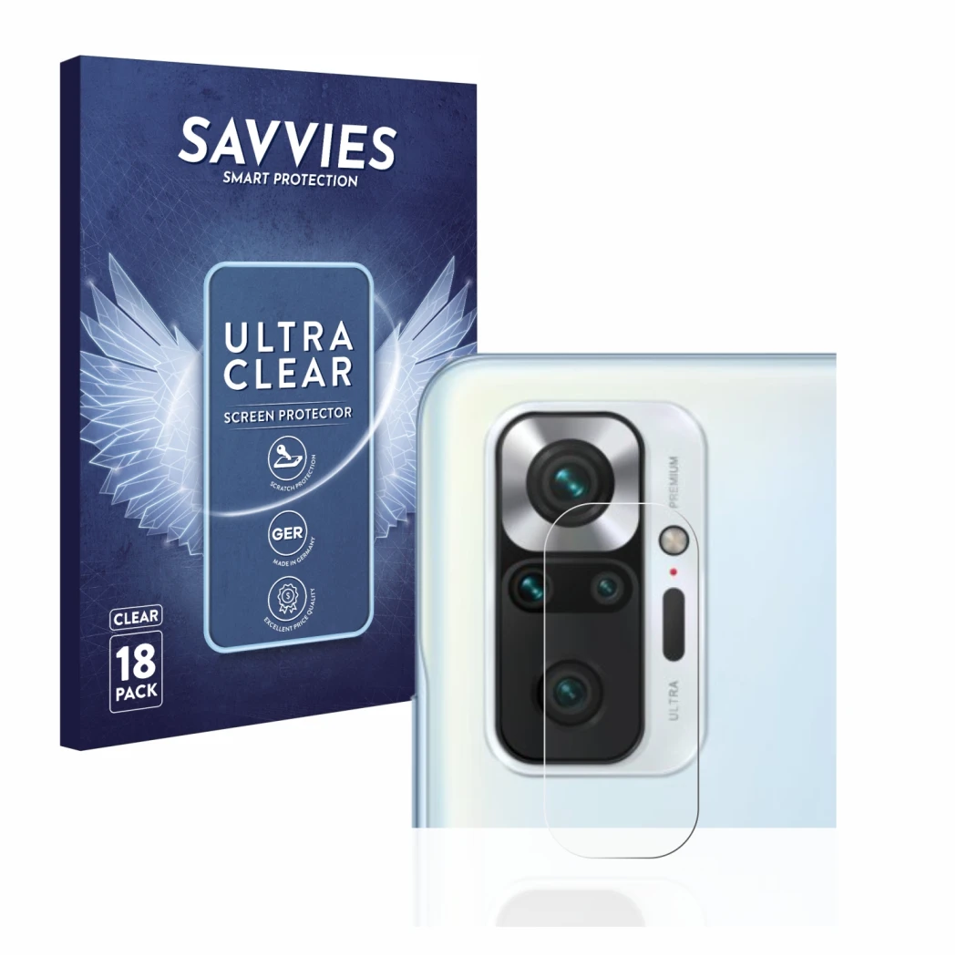 Front side of a product packaging with the brand logo Savvies. Next to it is the device Xiaomi Redmi Note 10 Pro (ONLY Camera 