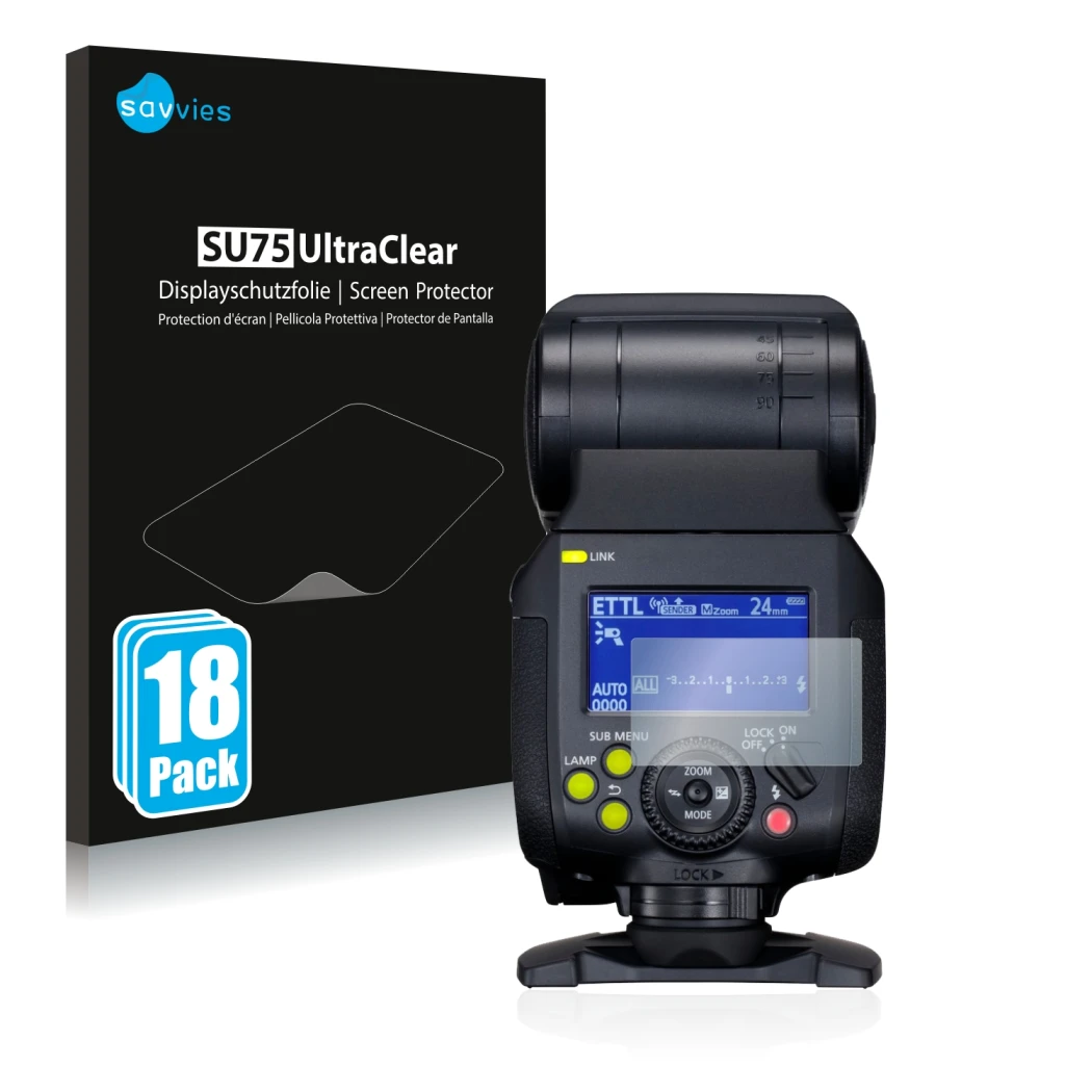 Front side of a product packaging with the brand logo Savvies. Next to it is the device Canon Speedlite EL-1 shown with the co