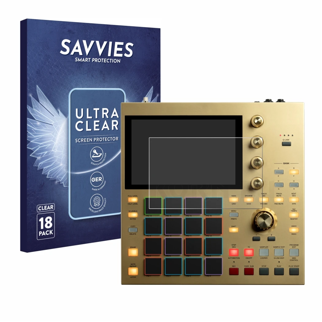 Front side of a product packaging with the brand logo Savvies. Next to it is the device Akai MPC One shown with the correspond