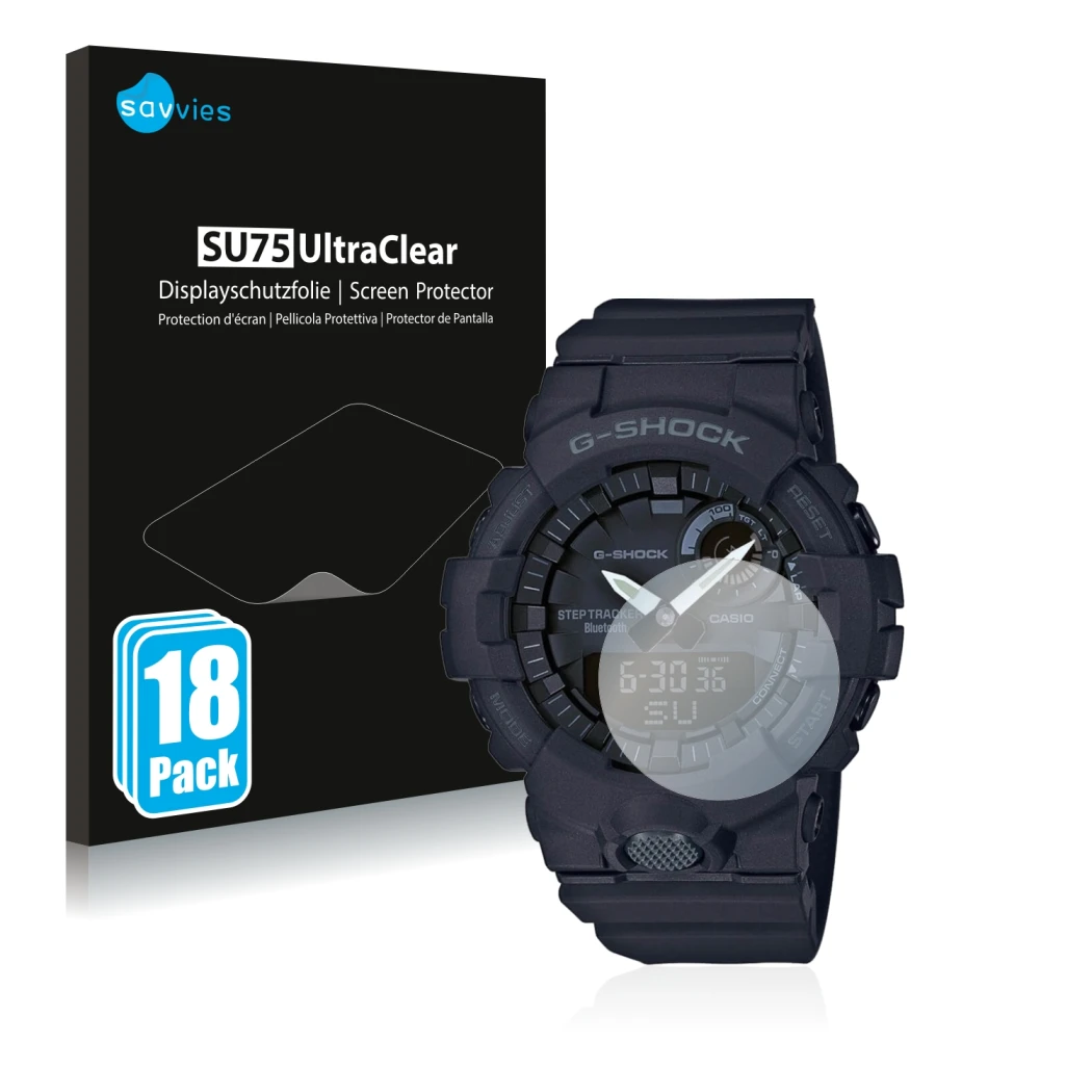 Front side of a product packaging with the brand logo Savvies. Next to it is the device Casio G-Shock GBA800 shown with the co