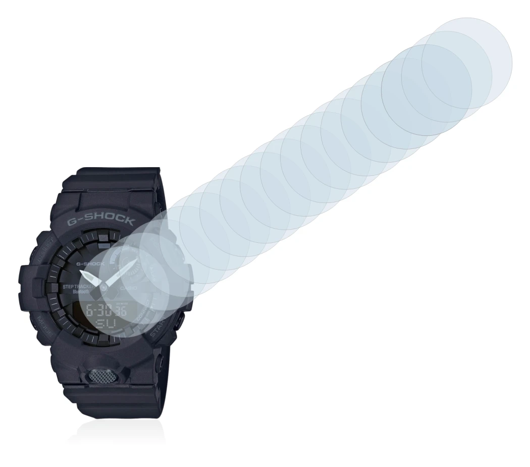 Image of the device Casio G-Shock GBA800 with a wide variety of screen protectors.