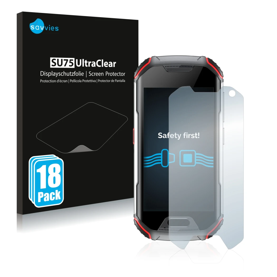 Front side of a product packaging with the brand logo Savvies. Next to it is the device Unihertz Atom XL shown with the corres