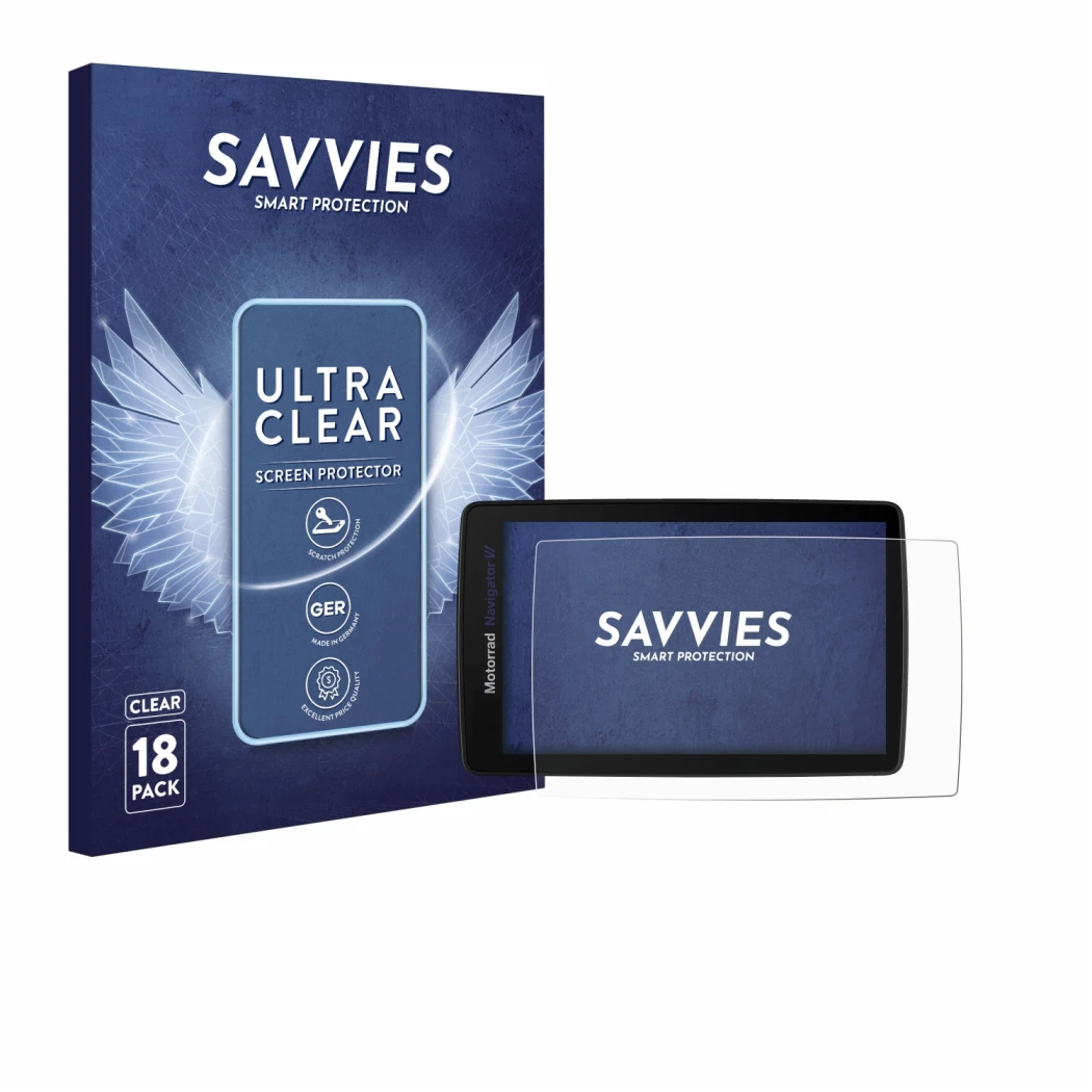 Front side of a product packaging with the brand logo Savvies. Next to it is the device BMW Navigator VI shown with the corres