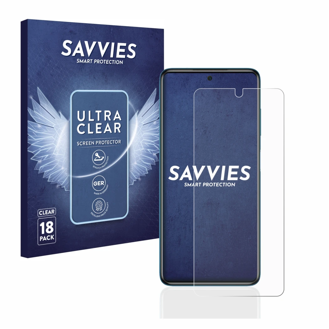 Front side of a product packaging with the brand logo Savvies. Next to it is the device Xiaomi Poco X3 Pro shown with the corr