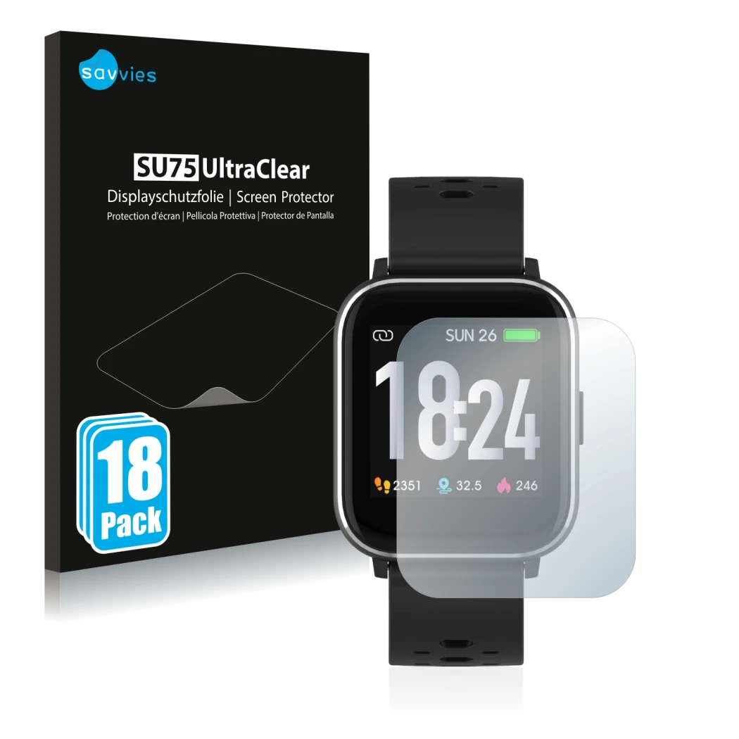 Front side of a product packaging with the brand logo Savvies. Next to it is the device Denver SW-163 shown with the correspon