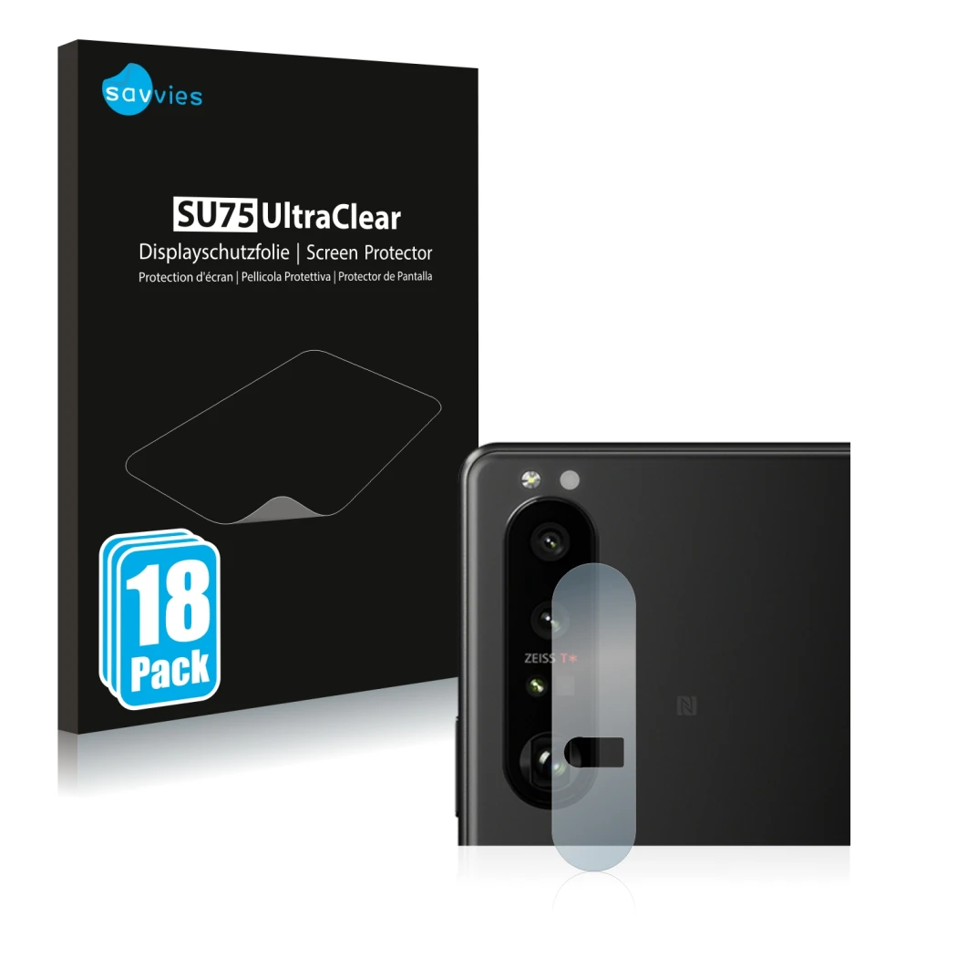 Front side of a product packaging with the brand logo Savvies. Next to it is the device Sony Xperia 1 III (ONLY Camera Lens) s