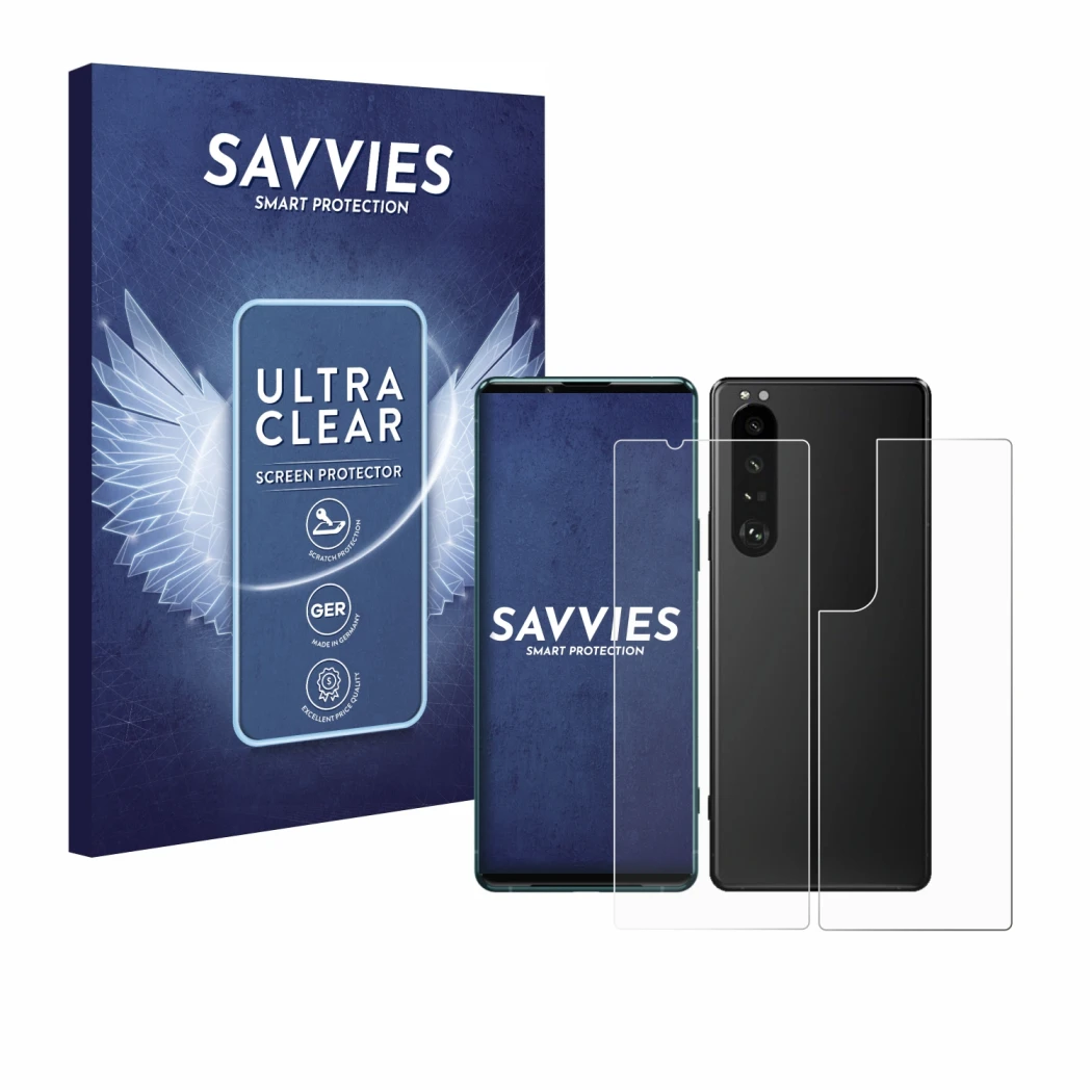 Front side of a product packaging with the brand logo Savvies. Next to it is the device Sony Xperia 5 III (Front+Back) shown w