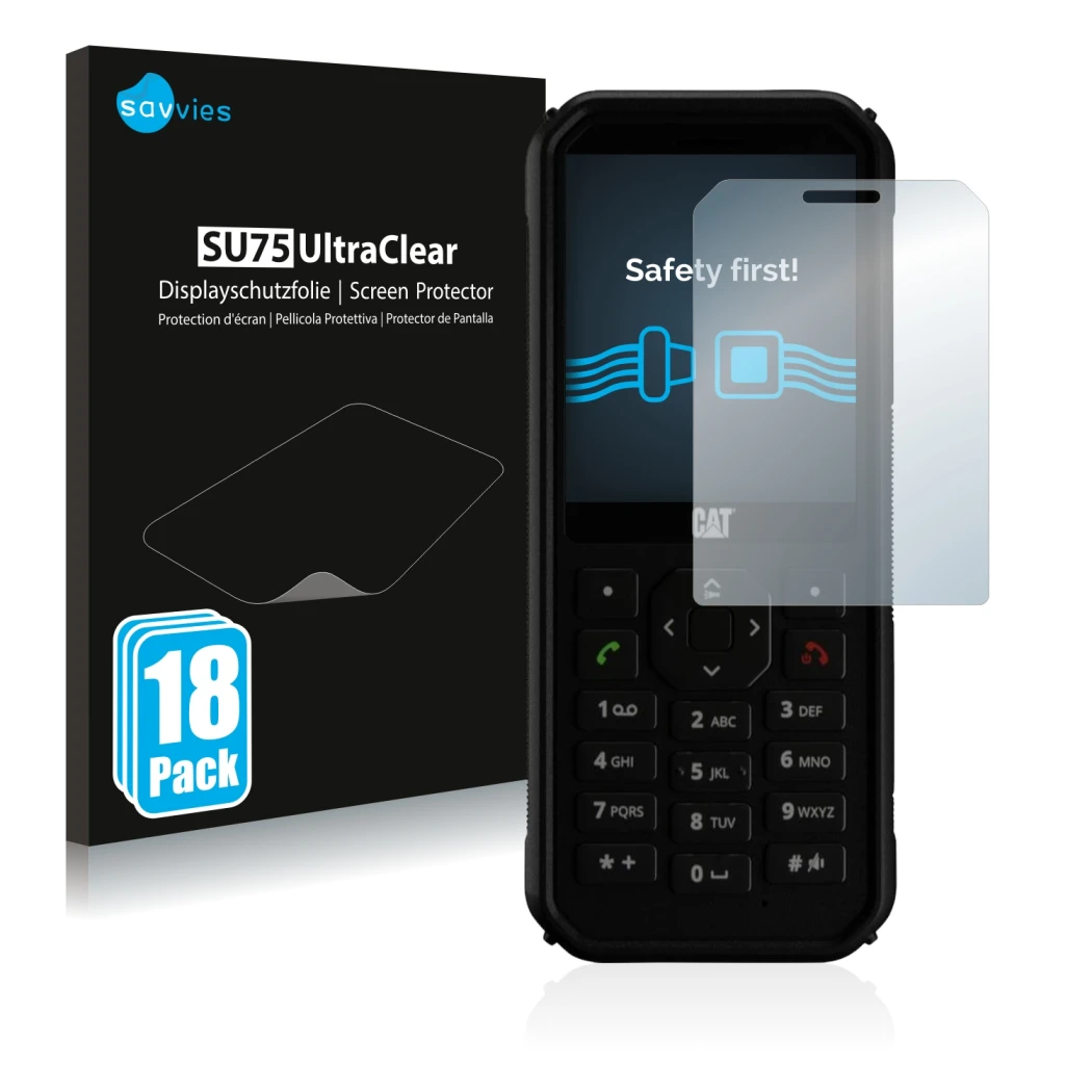 Front side of a product packaging with the brand logo Savvies. Next to it is the device Caterpillar Cat B40 shown with the cor