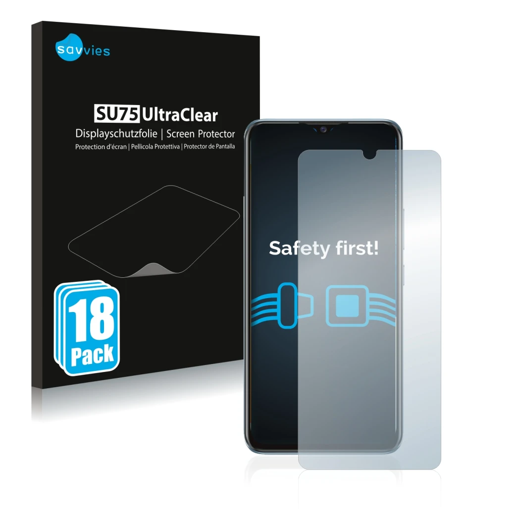 Front side of a product packaging with the brand logo Savvies. Next to it is the device Vivo Y70 shown with the corresponding 