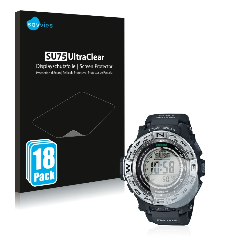 Front side of a product packaging with the brand logo Savvies. Next to it is the device Casio Pro Trek PRW-3500-1 shown with t