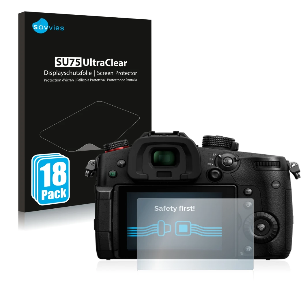 Front side of a product packaging with the brand logo Savvies. Next to it is the device Panasonic Lumix DC-GH5 II shown with t