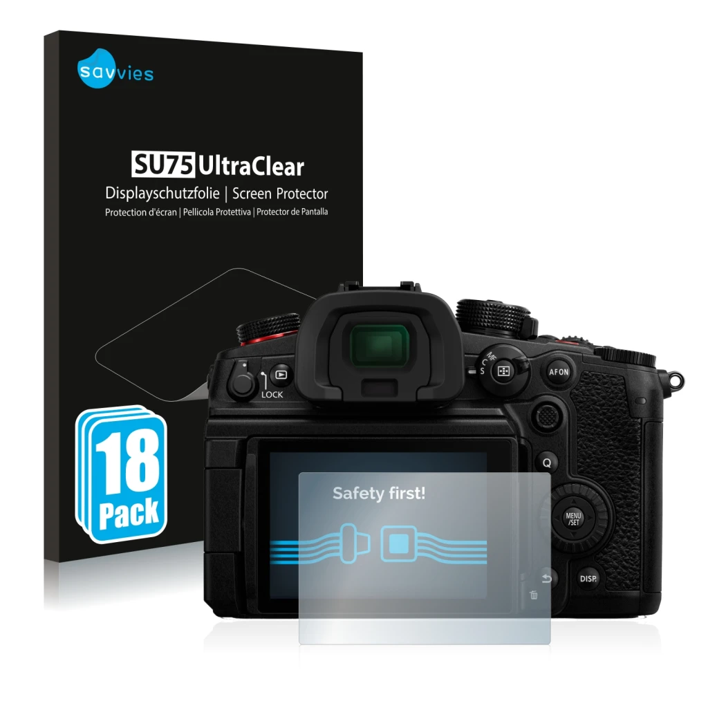 Front side of a product packaging with the brand logo Savvies. Next to it is the device Panasonic Lumix DC-GH6 shown with the 