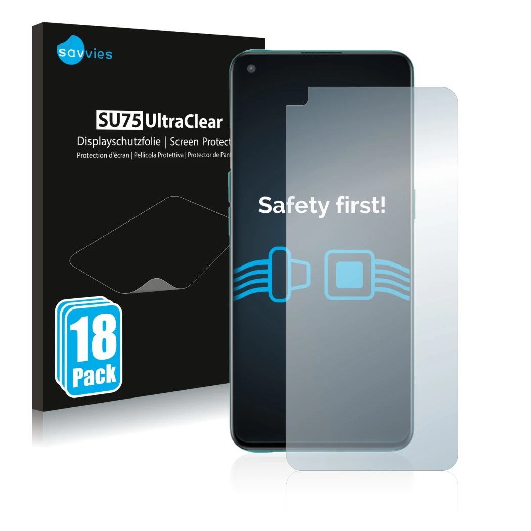 Front side of a product packaging with the brand logo Savvies. Next to it is the device OnePlus Nord CE 5G shown with the corr