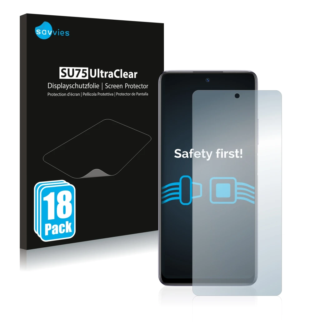 Front side of a product packaging with the brand logo Savvies. Next to it is the device Infinix Note 10 Pro shown with the cor
