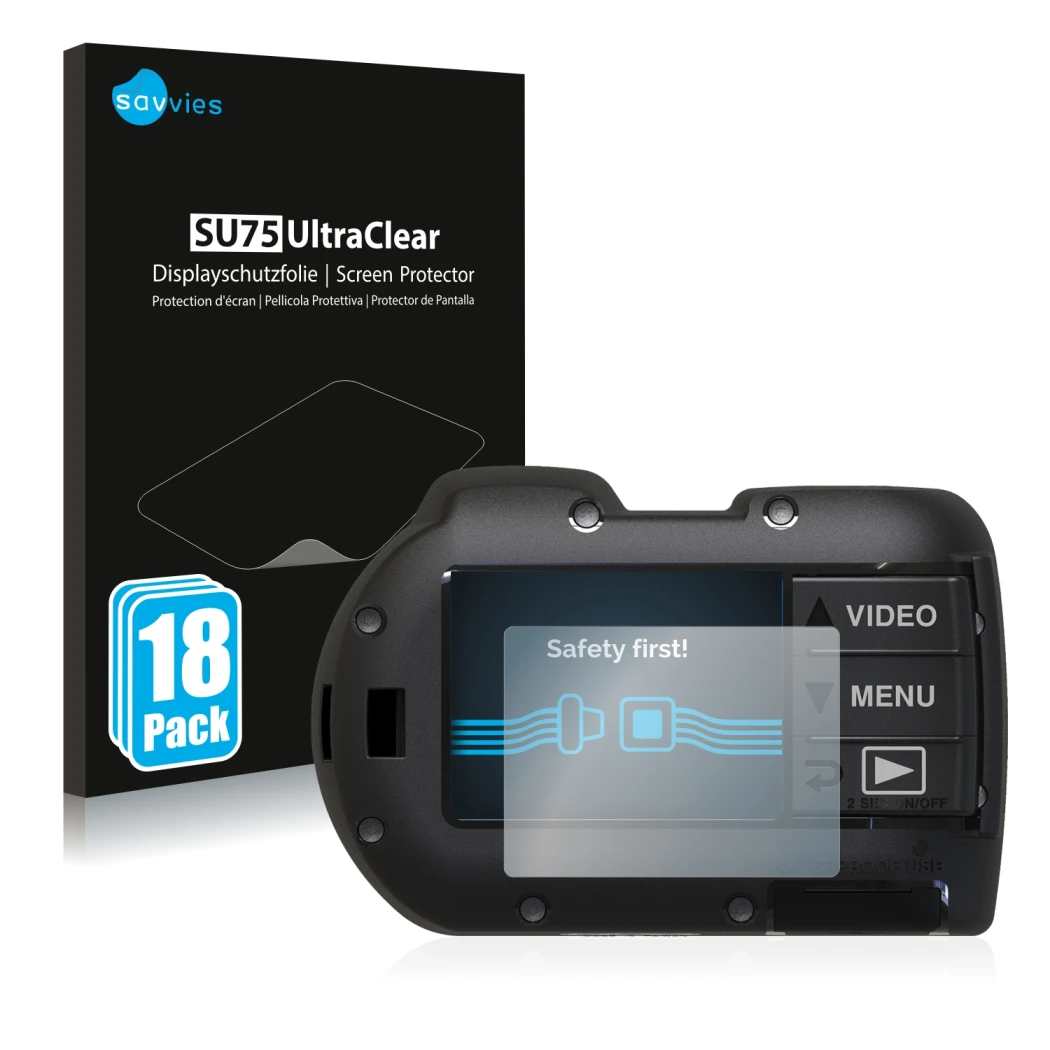 Front side of a product packaging with the brand logo Savvies. Next to it is the device SeaLife Micro 3.0 shown with the corre