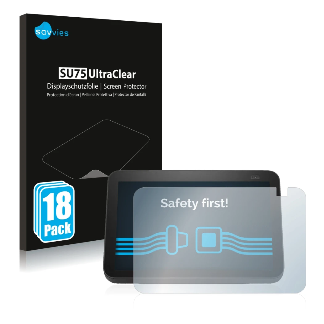 Front side of a product packaging with the brand logo Savvies. Next to it is the device Amazon Echo Show 8 2021 (2nd Gen.) sho