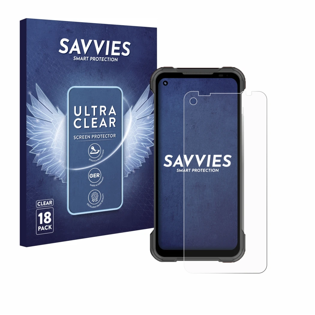 Front side of a product packaging with the brand logo Savvies. Next to it is the device Doogee S97 Pro shown with the correspo