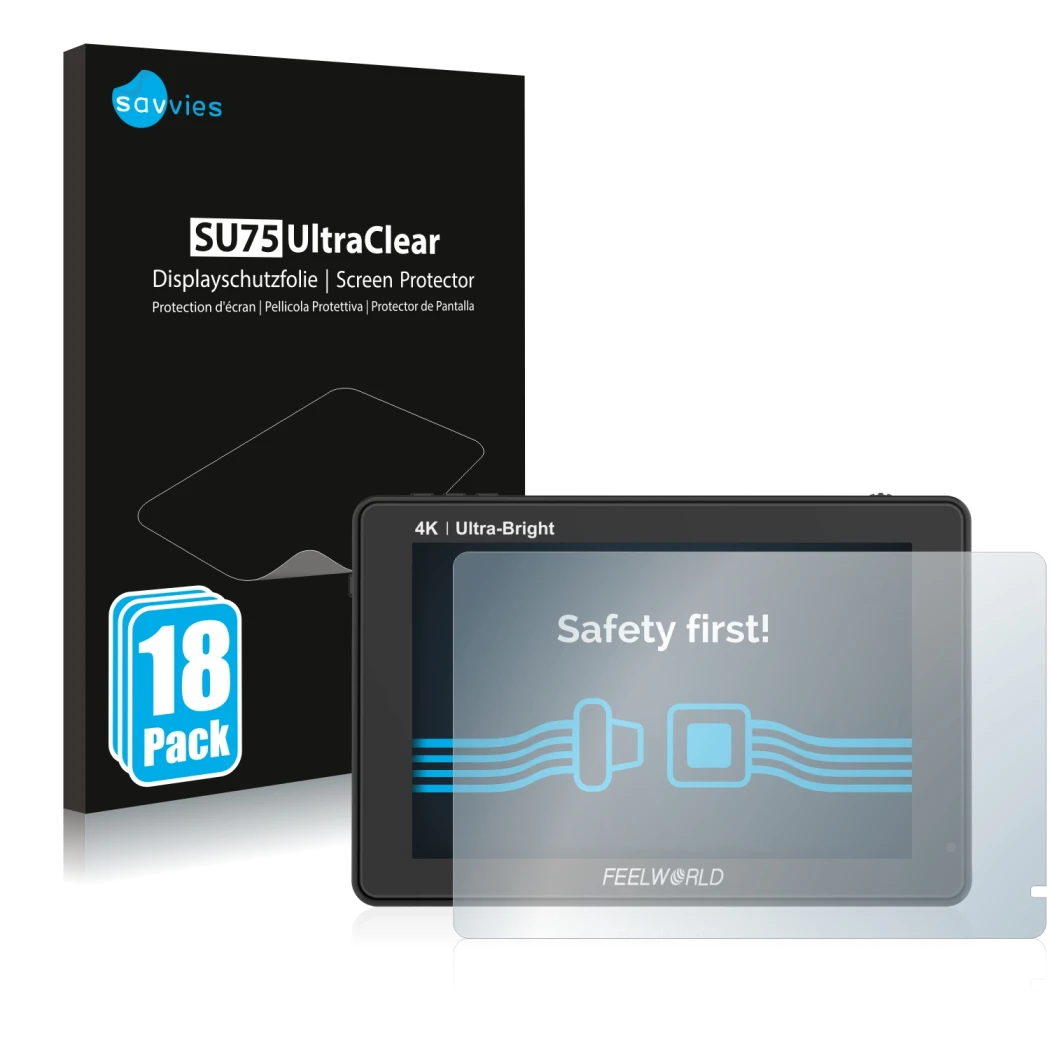 Front side of a product packaging with the brand logo Savvies. Next to it is the device Feelworld LUT7 7