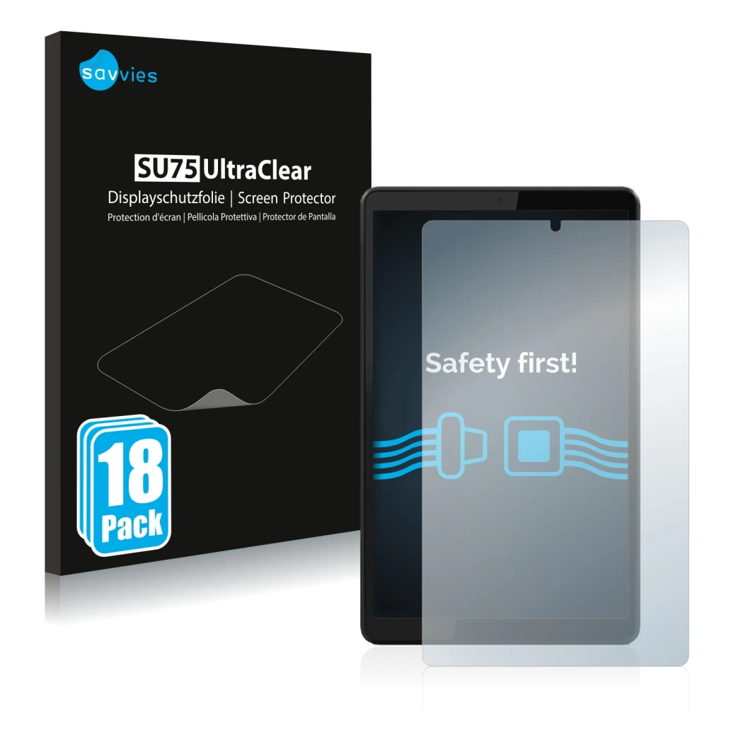 Front side of a product packaging with the brand logo Savvies. Next to it is the device Lenovo Tab M8 (3th Gen.) shown with th