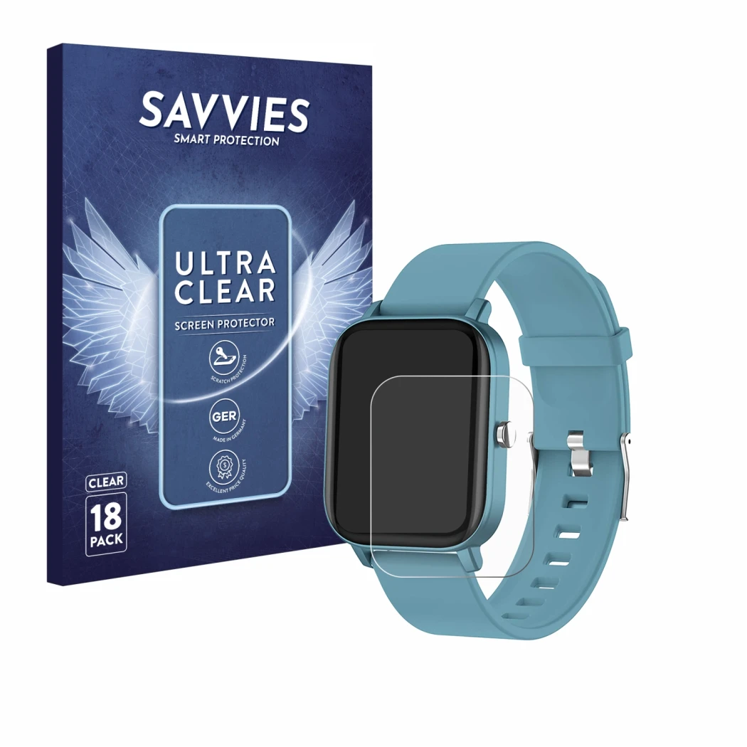 Front side of a product packaging with the brand logo Savvies. Next to it is the device Pubu Smartwatch shown with the corresp