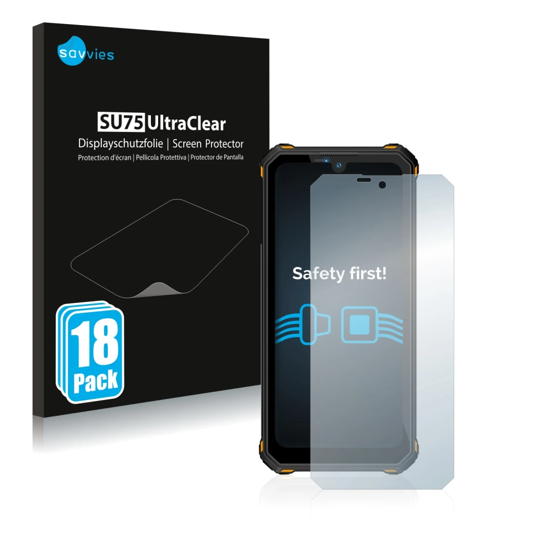Front side of a product packaging with the brand logo Savvies. Next to it is the device Oukitel WP15 5G shown with the corresp