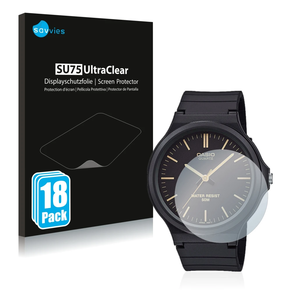Front side of a product packaging with the brand logo Savvies. Next to it is the device Casio Unisex MW-240 shown with the cor