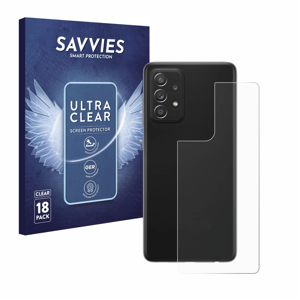 Front side of a product packaging with the brand logo Savvies. Next to it is the device Samsung Galaxy A52s 5G (Back) shown wi