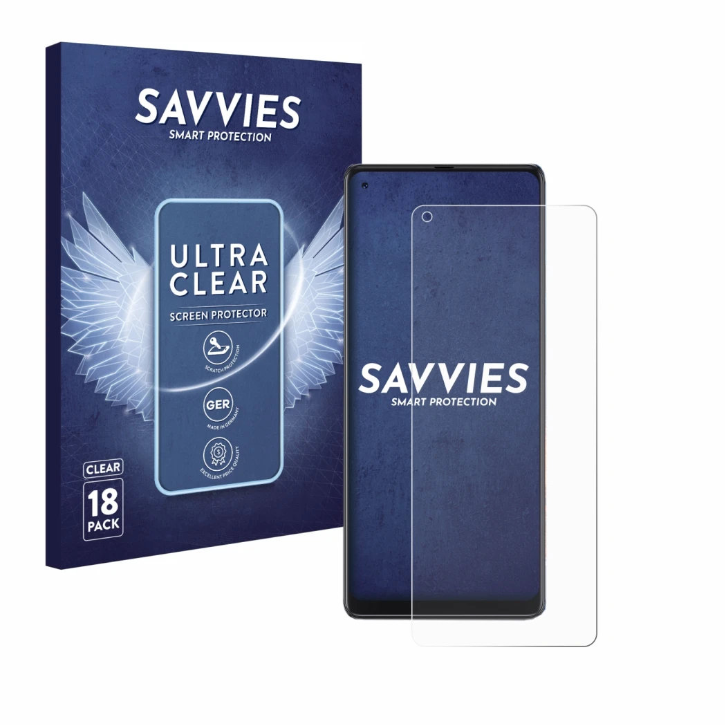 Front side of a product packaging with the brand logo Savvies. Next to it is the device Cubot Max 3 shown with the correspondi