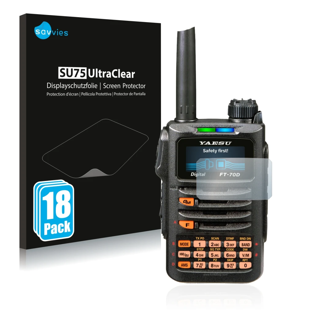 Front side of a product packaging with the brand logo Savvies. Next to it is the device Yaesu FT-70DR shown with the correspon