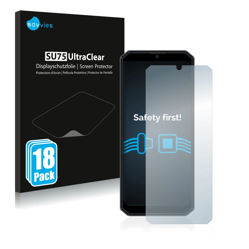 Front side of a product packaging with the brand logo Savvies. Next to it is the device Oukitel K15 Plus shown with the corres