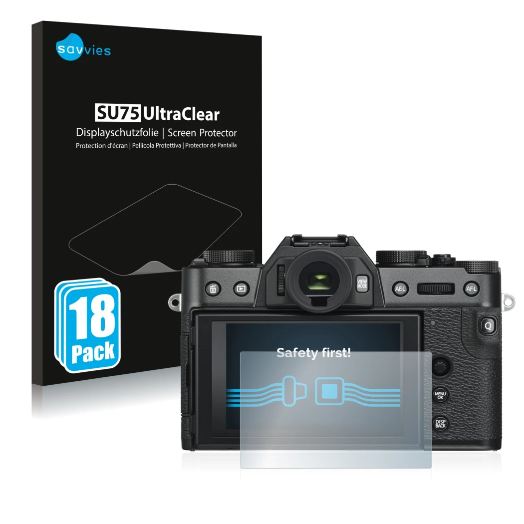 Front side of a product packaging with the brand logo Savvies. Next to it is the device Fujifilm X-T30 ll shown with the corre